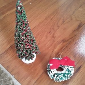 VINTAGE Freestanding Miniature Christmas Tree 6"x2 and Hanging Wreath 2"x2"